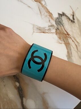 CHANEL Turquoise and Black Enamel Logo Cuff Bracelet